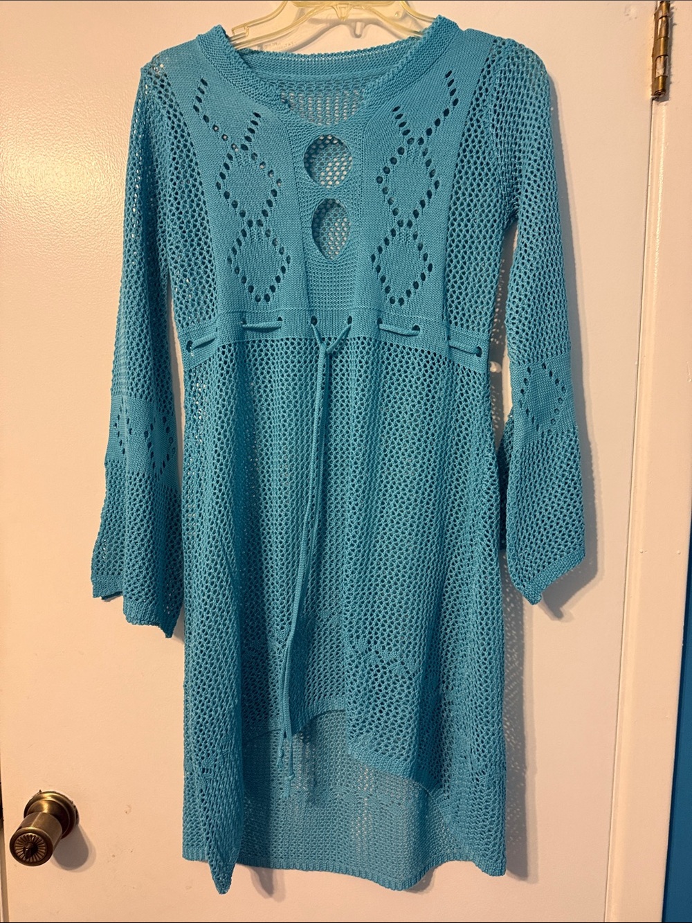 Women’s Open-Knit Teal cable knit Dress with Tie Waist